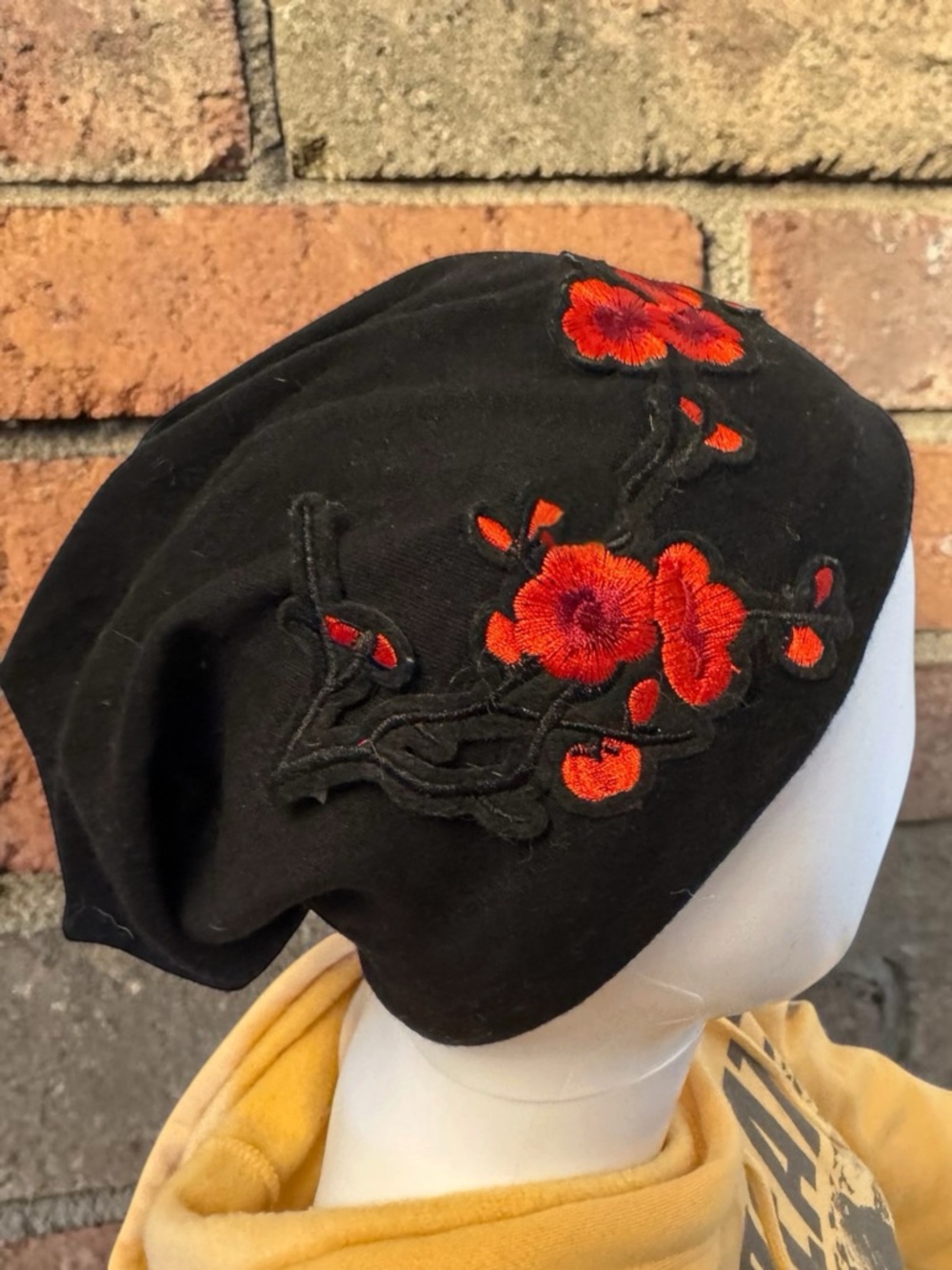 Black Embroidered Red Floral Slouch Beanie